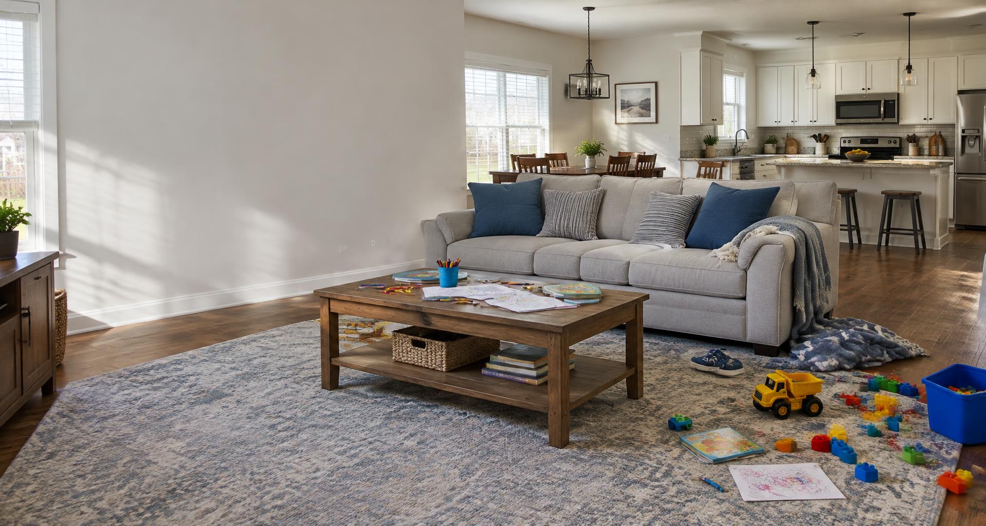 An everyday family living room with children’s toys, coloring pages and a cozy sofa